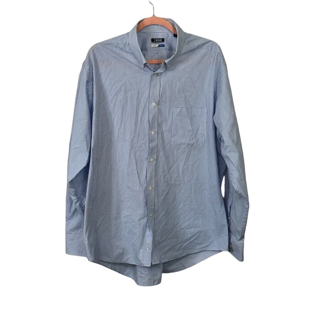 IZOD‎ Mens XL Striped Stretch Shirt 17-17.5 Button Down 34/35 White Blue Regular